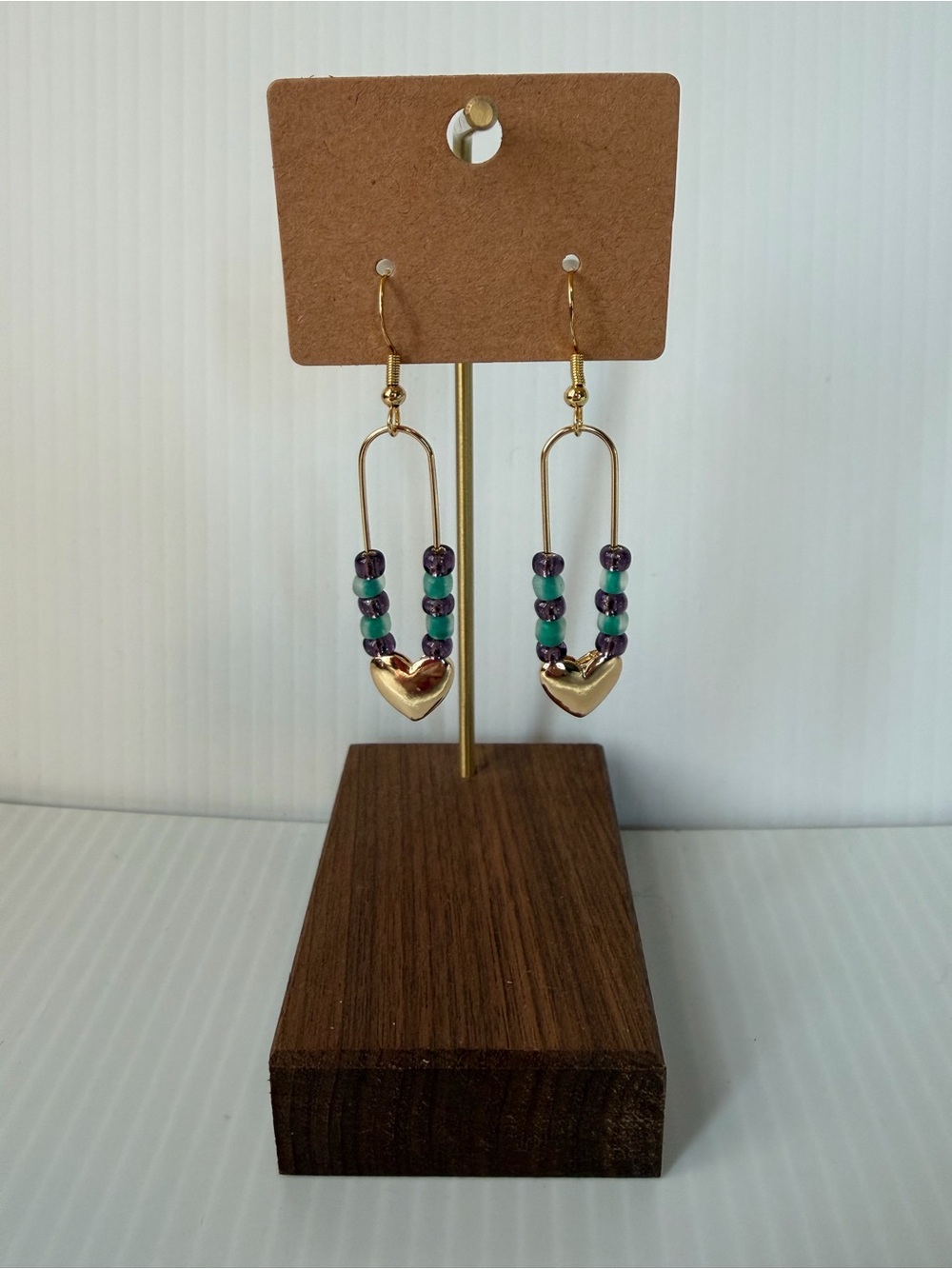 Gold Heart Safety Pin Earrings with Teal and Purple Beads